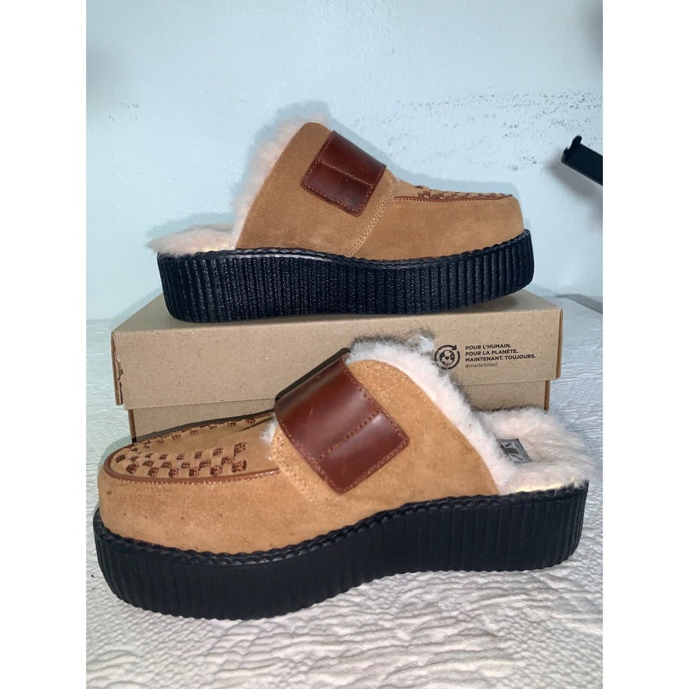 T.U.K. Tan Suede Platform Creeper Mules Faux Fur Lined Buckle V3236L Womens 7